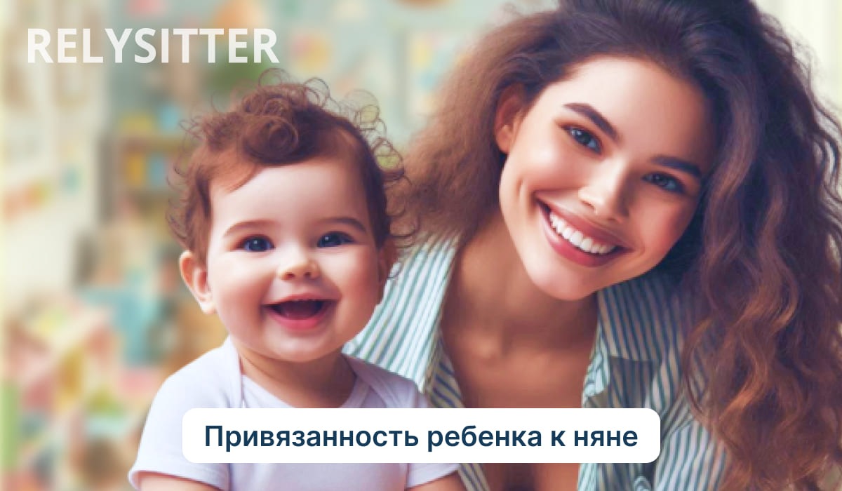 Улыбающаяся няня с годовалым ребенком на коленях