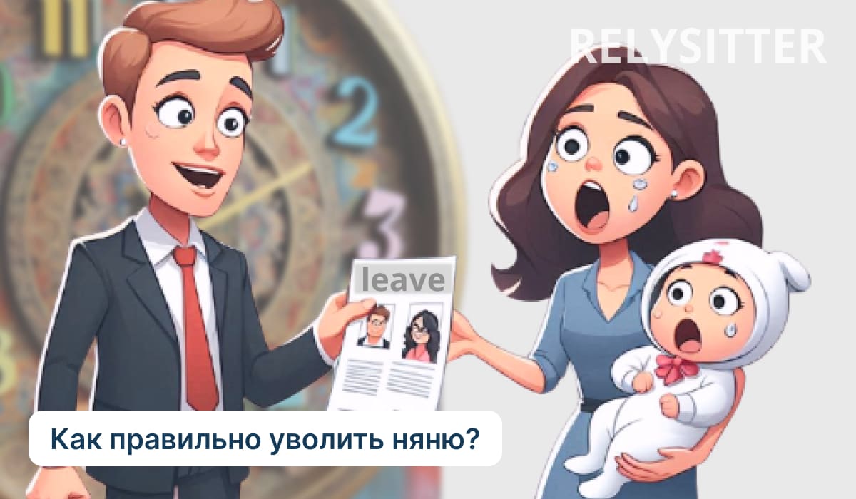 Иллюстрация мужчины, показывающего документ об увольнении удивленной женщине с ребенком на руках, на заднем плане – часы.