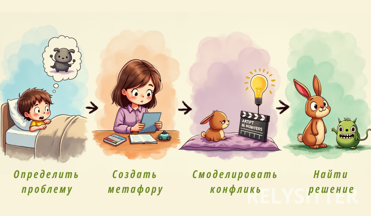 Схема поисковой сказкотерапии: мальчик боится монстра, мама придумывает историю, игрушечный кролик разыгрывает конфликт и находит решение с дружелюбным чудовищем