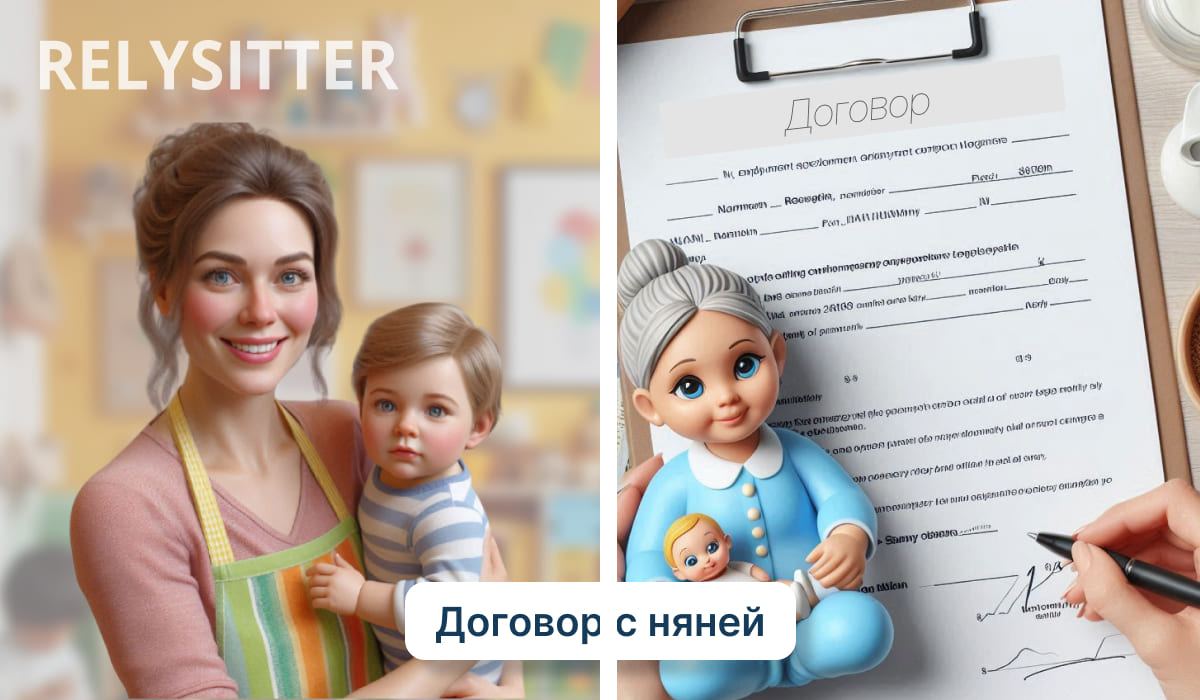 Няня держит на руках младенца слева; контракт на планшете с куклой на переднем плане справа.