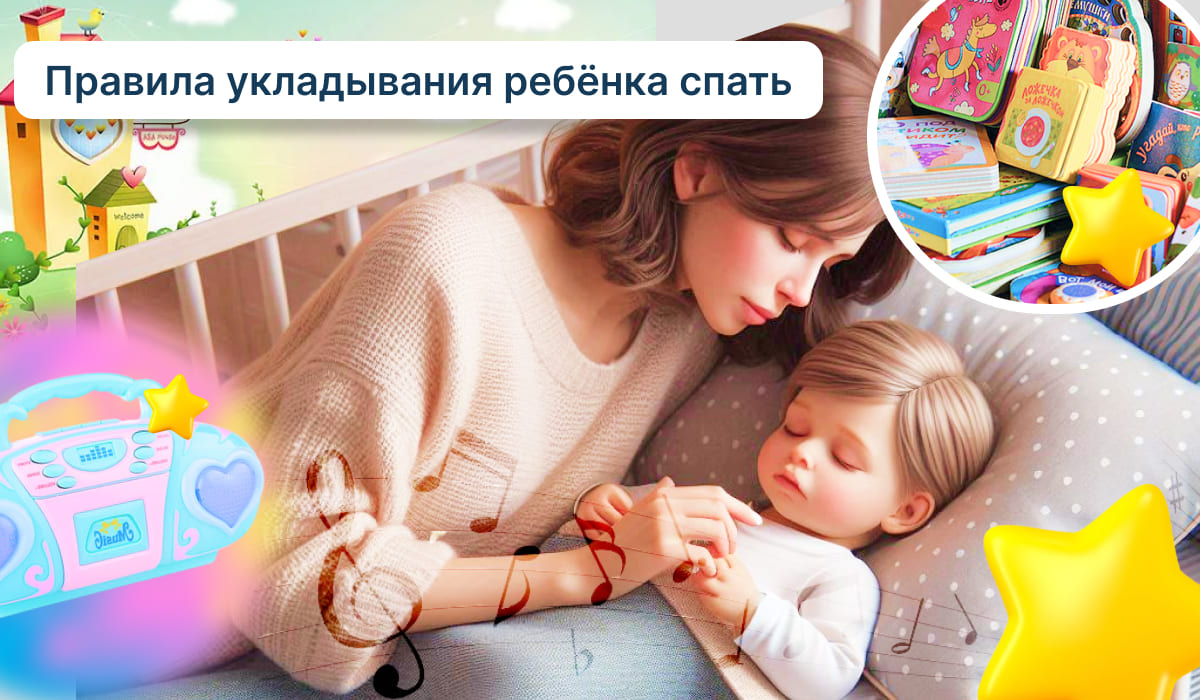 Женщина положила голову рядом со спящим ребенком, вокруг которого разложены музыкальные ноты, игрушечный музыкальный проигрыватель и вставка из красочных детских книг.