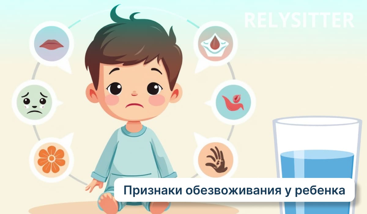 Грустный ребенок с признаками обезвоживания, вокруг иконки симптомов и большой стакан воды, надпись 