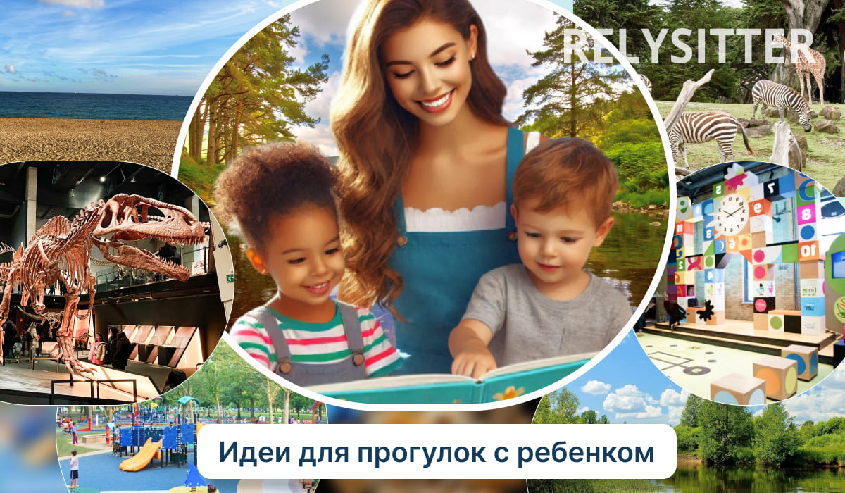 Девушка улыбается рядом с двумя детьми в верхней одежде, наслаждаясь солнечным днем. Они заняты игрой, мальчик и малыш демонстрируют радостные выражения. На заднем плане видны пейзажи и текст