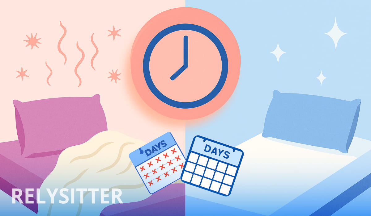 На изображении две кровати: слева с розовой подушкой и покрывалом, справа — с голубой подушкой и белым простынём. Над кроватями по центру расположен круглый розовый циферблат часов, а перед кроватями — два календаря с надписью DAYS: на первом календаре отмечены красными крестиками дни, а второй календарь пустой. 