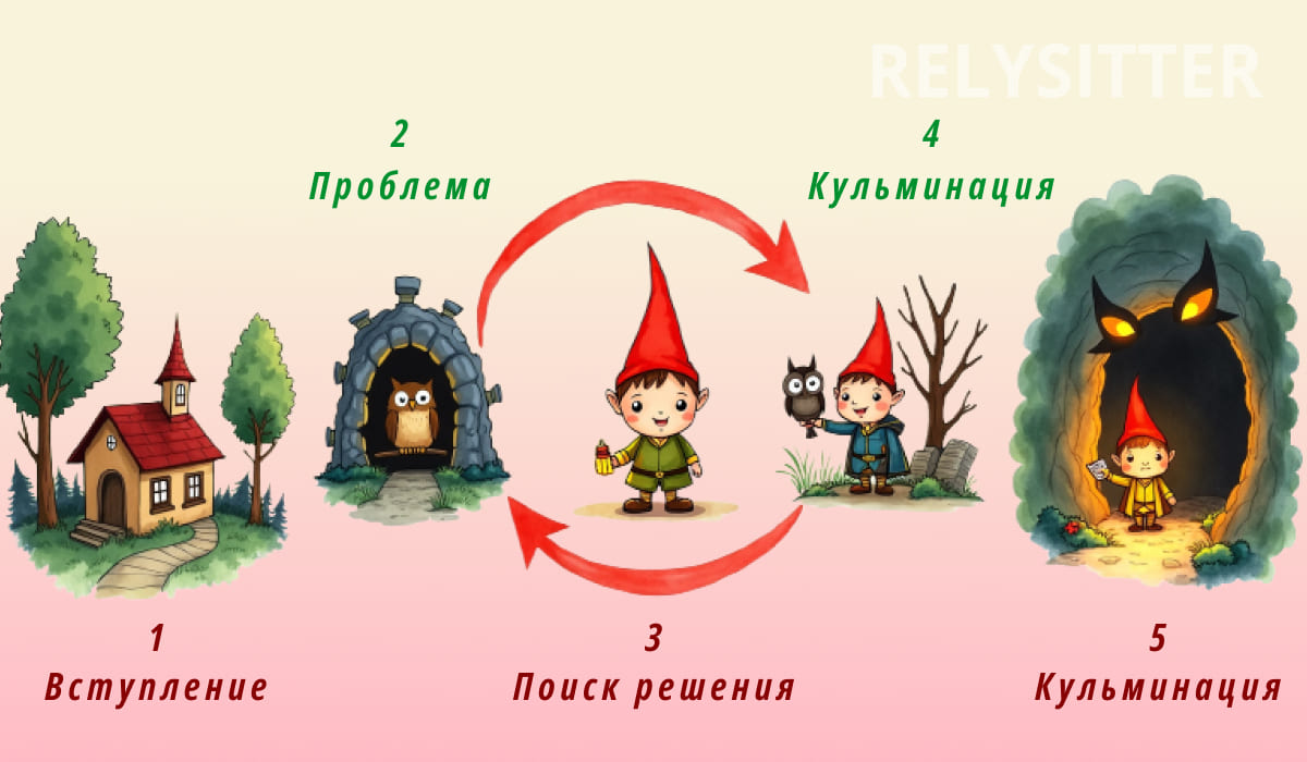 Алгоритм построения сказки для ребенка: гном проходит этапы сюжета от вступления и появления проблемы до поиска решения и кульминации