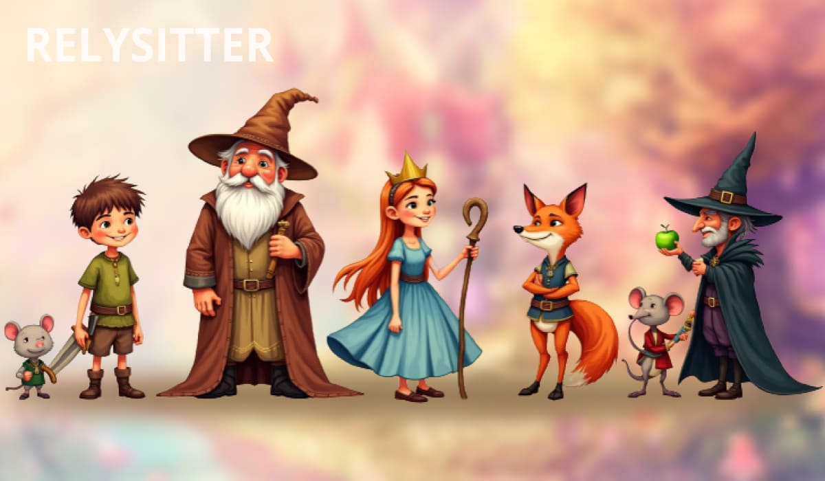 Галерея сказочных персонажей: мальчик, мудрый волшебник, принцесса с посохом, лиса и старый колдун с мышатами на волшебном фоне