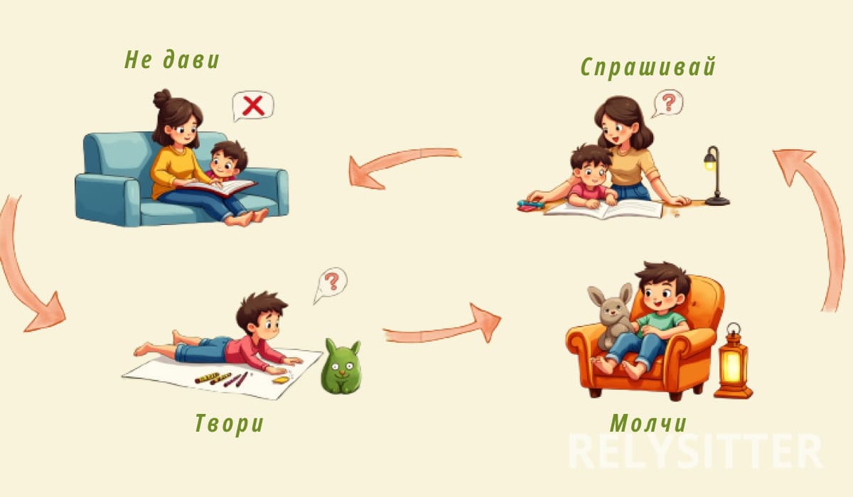 Иллюстрация правил сказкотерапии: мама с сыном в разных ситуациях — не дави, спрашивай, твори, молчи, показанные стрелками как цикл общения