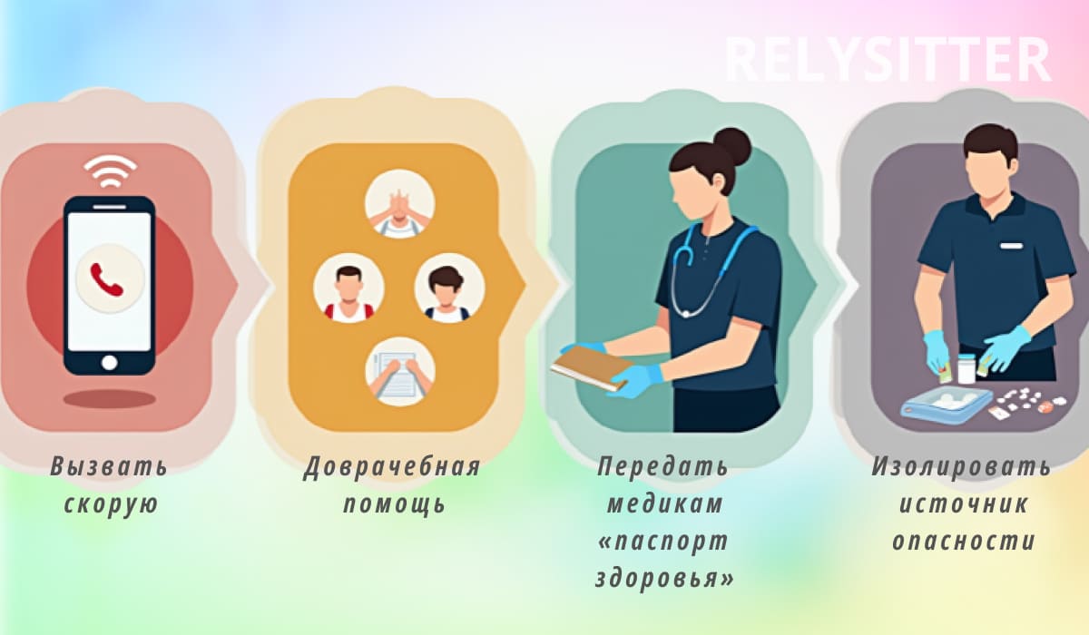 Алгоритм действий няни при ЧП: вызвать скорую, оказать доврачебную помощь, передать медикам паспорт здоровья ребенка и изолировать источник опасности.