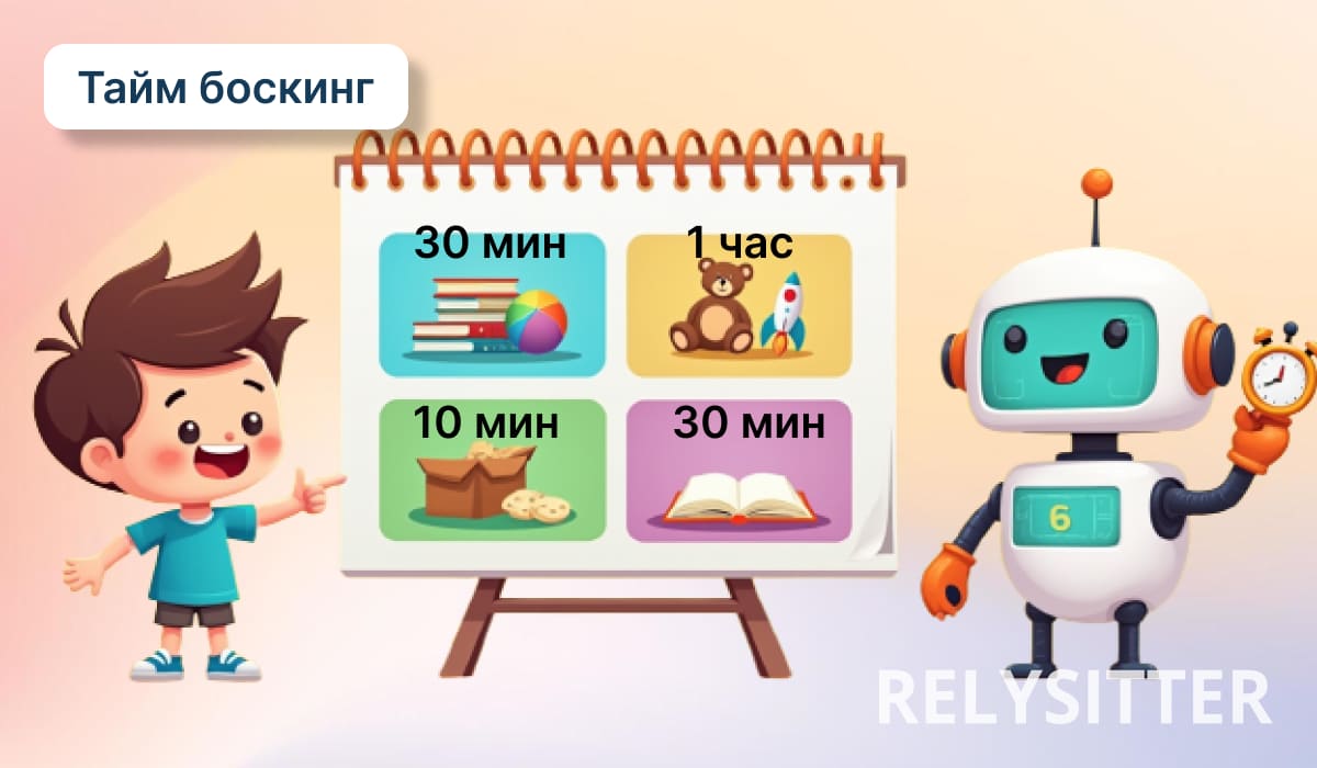 Ребенок и робот объясняют таймбоксинг: на мольберте расписано время на учебу, игры, перекус и чтение, робот держит таймер.