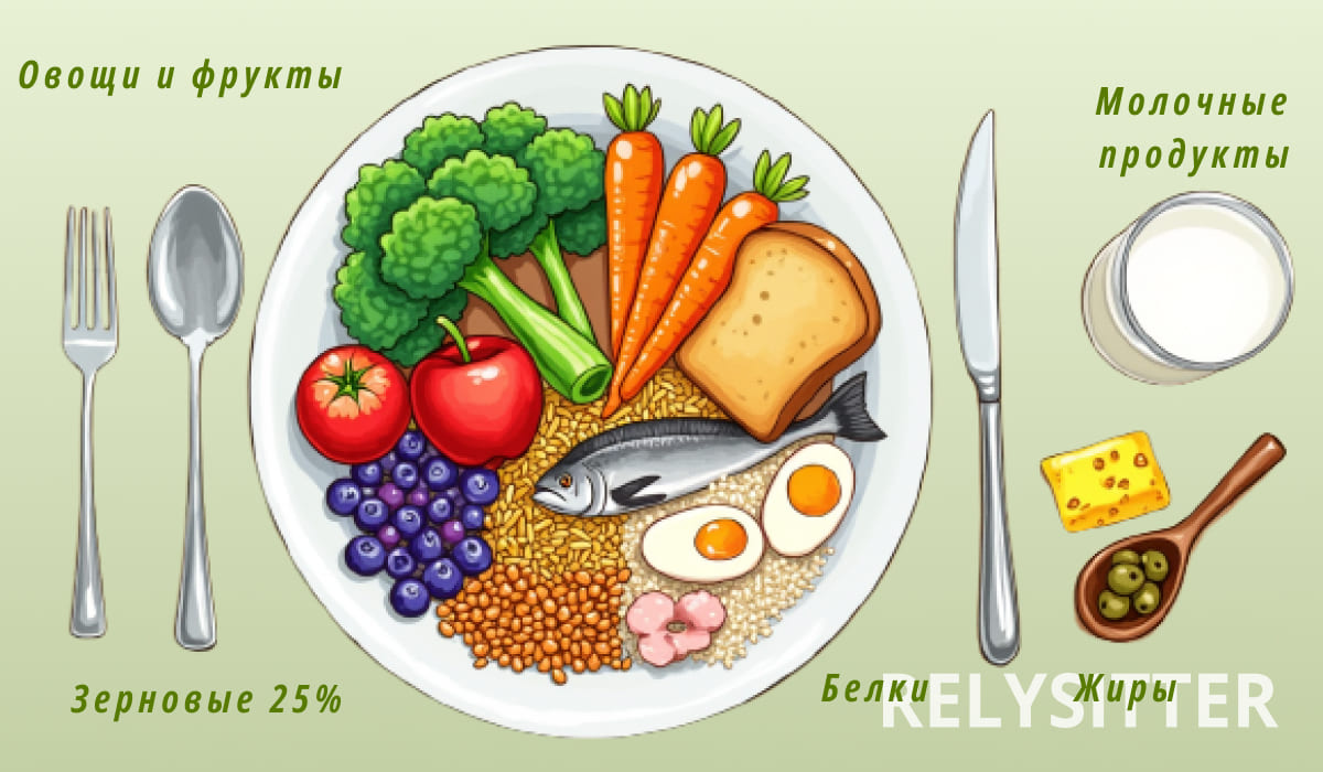 Иллюстрация сбалансированного рациона: тарелка с овощами, фруктами, злаками, рыбой, яйцами и хлебом, рядом молочные продукты и полезные жиры