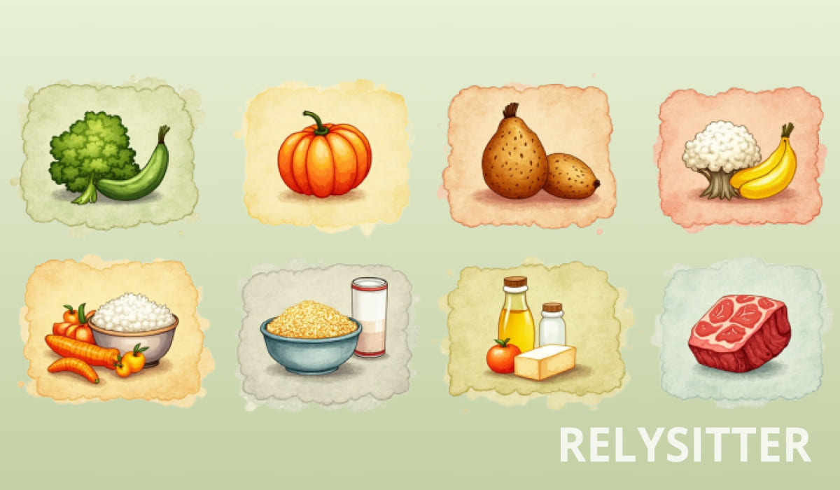 Набор гипоаллергенных продуктов для детей: овощи, крупы, молочные продукты, растительные масла и нежирное мясо на отдельных карточках