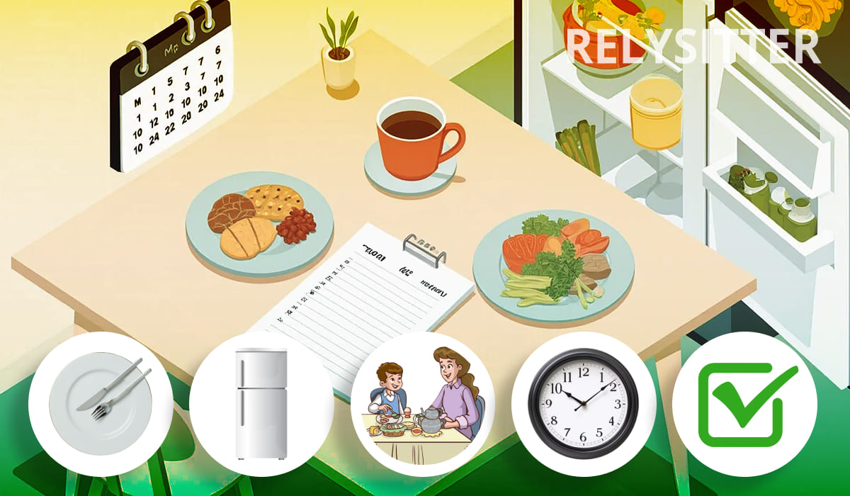 Сервис доставки готовых обедов няни: календарь планирования, свежие продукты в холодильнике, готовые блюда на столе, список задач. Иконки: посуда, холодильник, семейный ужин, время, галочка выполнения.