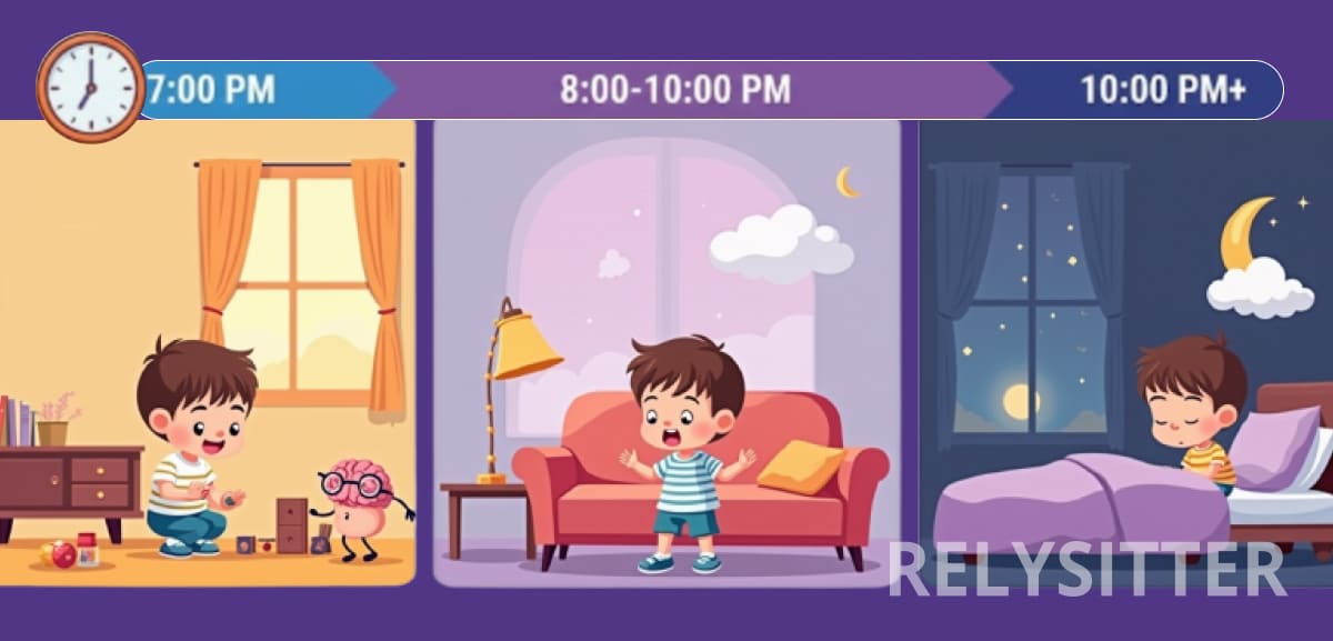 Иллюстрация режима дня ребёнка: в 19:00 мальчик играет и развивает мозг, с 20:00 до 22:00 он спокойно проводит время в гостиной, после 22:00 спит в кровати ночью под луной