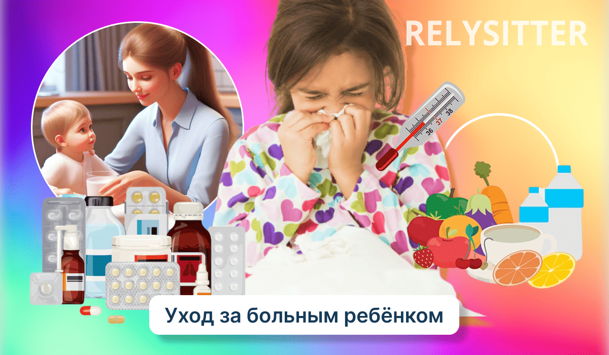 Больной ребенок с салфеткой, окруженный лекарствами и натуральными средствами; вставка с изображением няни, ухаживающей за ребенком.